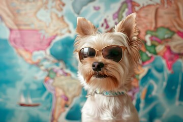 Dog in sunglasses dancing on colorful background with travel theme. Concept Dogs, Sunglasses, Dancing, Colorful Background, Travel Theme
