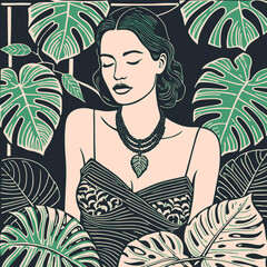 Portrait of a woman in monstera leaves, vector illustration