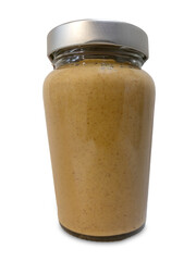 Smooth peanut butter in glass jar isolated