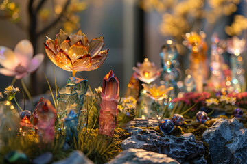 A garden of glass sculptures, each reflecting a different facet of dreams and desires. Concept of fragile beauty. Generative Ai.