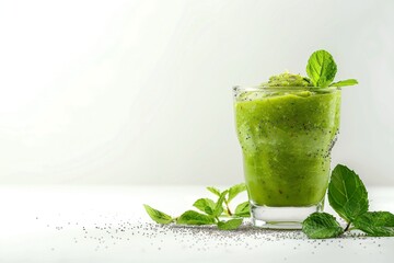 Healthy green smoothie garnished with mint leaves on a table