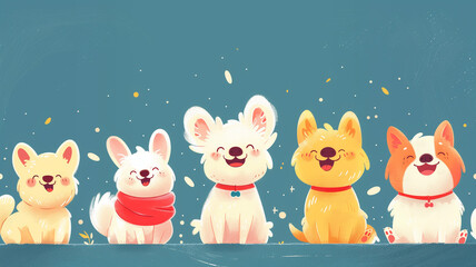 Naklejka premium Sweet pets, illudtration. A group of cute puppies of different breeds on blue background