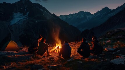 Mountaineers Sharing Stories Around Campfire in Dusk