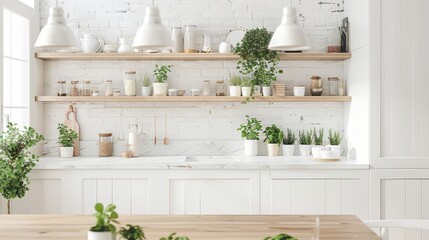 Fototapeta na wymiar Scandinavian Kitchen Elegance, White Marble Backdrop, Wide Angle
