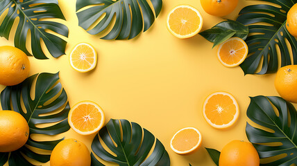 Vibrant tropical summer background with oranges, grapefruits and monstera leaves