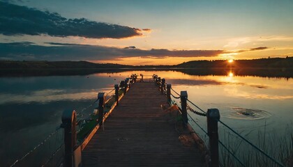 lake at sunset long wooden pier - obrazy, fototapety, plakaty