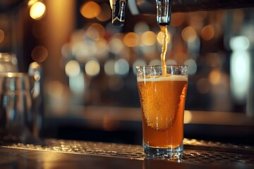 Beer pouring from glass in a bar symbolizing a refreshing drink. Concept Bar Scene, Beer Pouring, Refreshing Drink, Glassware, Pub Atmosphere