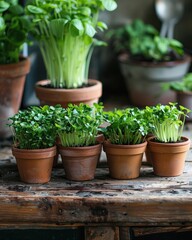 Group of houseplants in flowerpots on wooden table