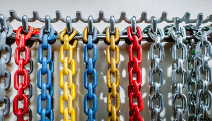 industrial chains of different colors attached to a wall