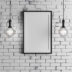 a white brick wall with a black frame and two lights