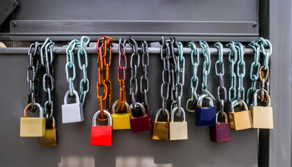 industrial chains and locks of different colors attached to a wall