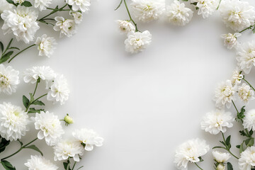 Fototapeta na wymiar Stylish elegant feminine flat lay white floristic background copy space mockup.