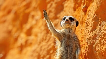 Meerkat waving paw next to rock wall in wildlife landscape