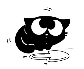 Silhouette of playful cat. Doodle sticker with adorable naughty kitten peeing past tray. Funny pet with guilty eyes and bad behavior. Cartoon flat vector illustration isolated on white background