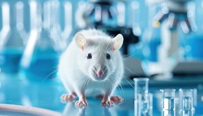 A white rodent with whiskers is on a glass table in the lab