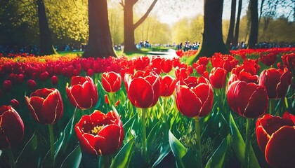wonderful red tulip flower blooming in keukenhof park colorful spring scene of holland botanical garden lisse town netherlands europe beautiful floral background - obrazy, fototapety, plakaty