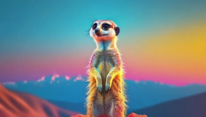 meerkat standing on hind legs against blue yellow pink backdrop - Powered by Adobe