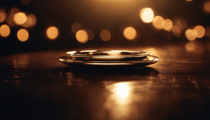 Closeup of a silver plate and bokeh gold background.