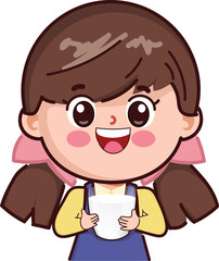 Happy girl drinking milk character. Cartoon hand drawn vector design.