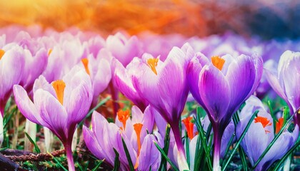 awesome spring flowers breathtaking macro photo of crocuses saffron on the meadow exclusive this...