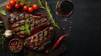 Grilled ribeye beef steak with red wine, herbs and spices, Top view with copy space for your text
