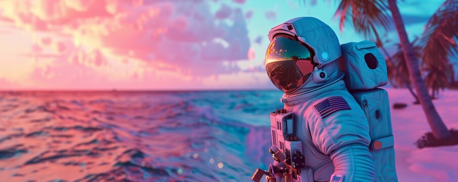 Solitary astronaut in a space suit admires a stunning sunset by the ocean on an alien planet
