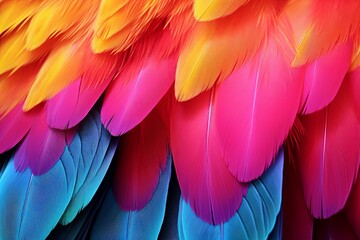 Fototapeta premium Vibrant Parrot Feather Gradients: Bird Photography Exhibition Poster