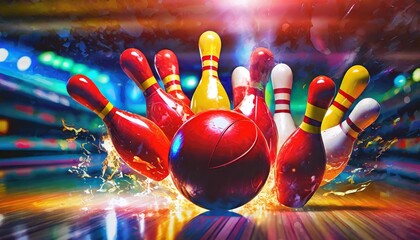 red bowling ball breaks pins on a multicolored background - obrazy, fototapety, plakaty