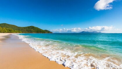 blue sky over a beach with golden shore and turquoise water