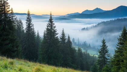 a misty morning in the fir woods where the ethereal fog weaves through the trees casting an enchanting spell on the mountainous landscape