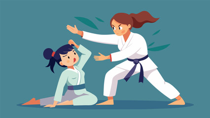 Naklejka premium A teenager practices Aikido with a sensei learning to use her opponents energy against them and overcoming her own anger and frustration in the
