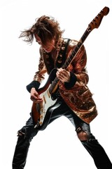 Fototapeta premium Play of rock guitarist with glittering jacket musician white background entertainment.
