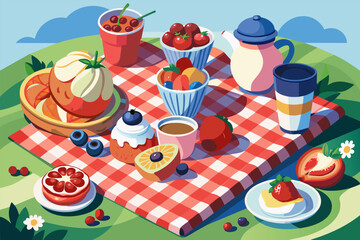Fototapeta na wymiar A breakfast picnic spread atop a gingham blanket, featuring fresh fruit, yogurt parfaits, and artisanal pastries
