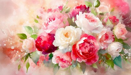 beautiful watercolor of pink red and white roses and peony flowers soft pastel bouquet desktop background wallpaper generative ai