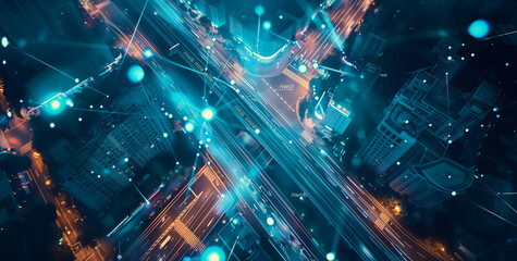 Fototapeta premium Aerial view of smart city, road network with advanced technology and digital connections for data transfer in big cities