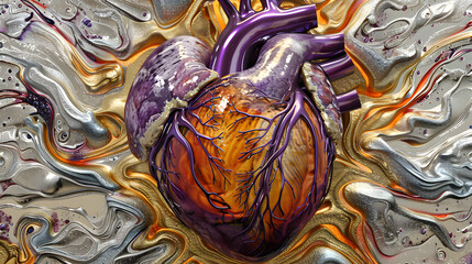 A heart with purple and orange veins. surrounded by silver and gold patterns representing the venous system. 