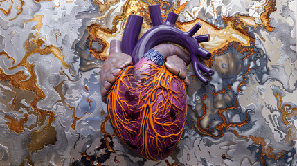 A heart with purple and orange veins. surrounded by silver and gold patterns representing the venous system.  - obrazy, fototapety, plakaty