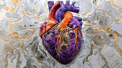 A heart with purple and orange veins. surrounded by silver and gold patterns representing the venous system. 
