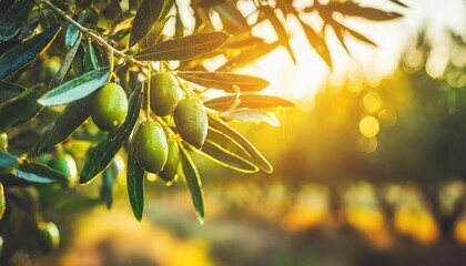 fresh bio green olives in olives tree farm healthy food panorama banner with sunset generative ai