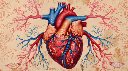 A heart with red and blue veins. surrounded by pink and brown patterns representing the venous system.  - obrazy, fototapety, plakaty