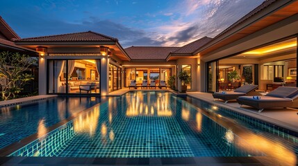 real estate Luxury Interior and exterior design pool villa with living room at night sky home, house ,sun bed ,sofa