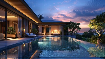 real estate Luxury Interior and exterior design pool villa with living room at night sky home, house ,sun bed ,sofa - obrazy, fototapety, plakaty