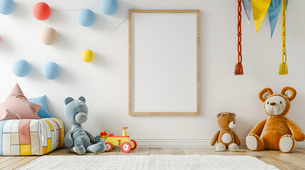 Empty frame mockup. Interior design of children room scandinavian modern style with colorful children's toys