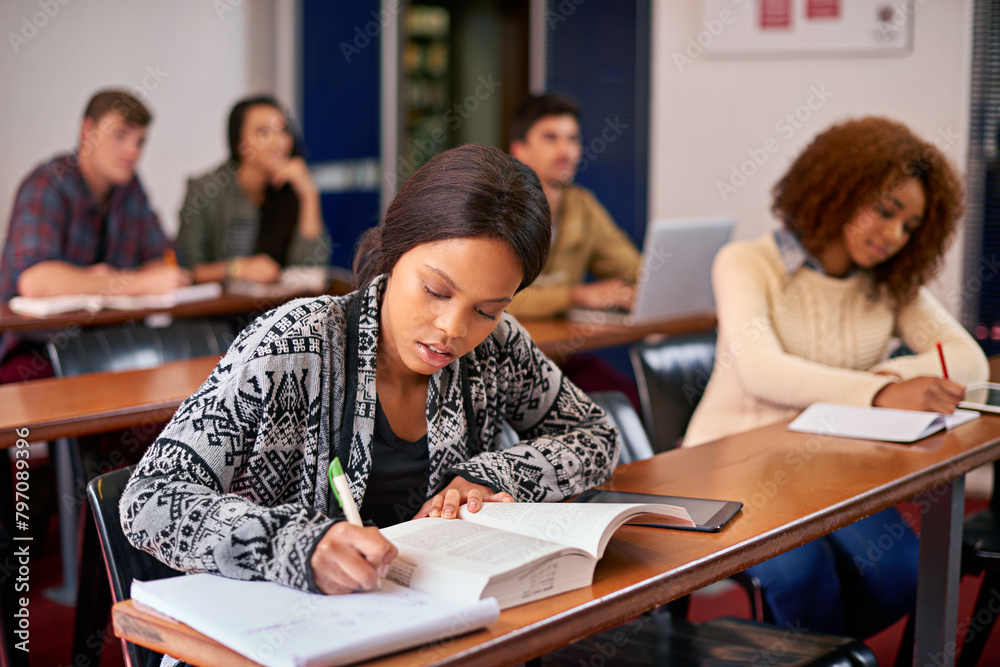 Poster college, studying and girl with writing in classroom for education, scholarship and development. cam