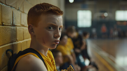 A high school boy leaning against a gym wall. dressed in a yellow jersey with his ginger hair in a buzz cut