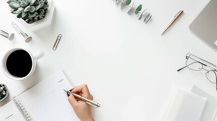 Simple white desktop with one hand writing on a piece of paper with a neutral pen and some note-taking tools on the table