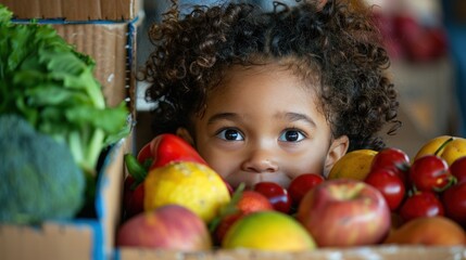 A happy little girl with a jheri curl peeking out of a box of natural foods