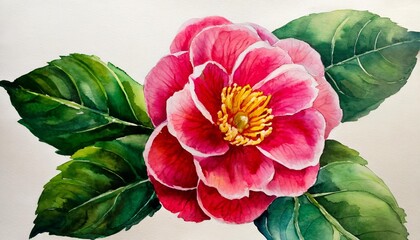 camellia flower and leaves drawing illustration watercolor