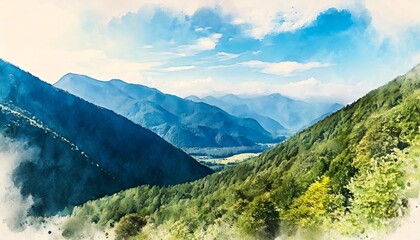 Naklejka na ściany i meble mountains in blue green watercolor painted illustration mountain range background scenic landscape for travel or tourism background nature and outdoors illustration