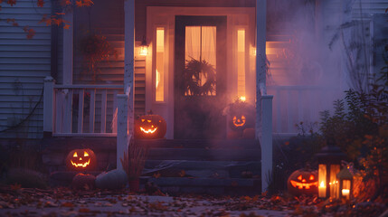 A houses front porch on Halloween. adorned with lanterns and pumpkins